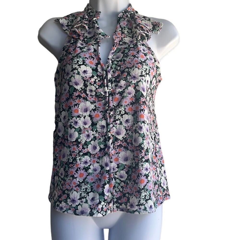 Anthropologie XS Purple Black Floral Print Ruffle V Neck Blouse Top Boho Cottage